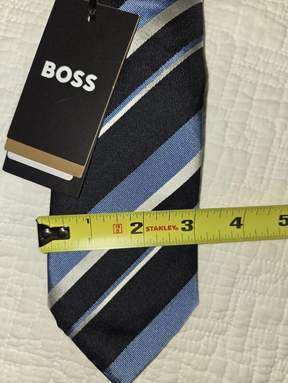 Boss Navy, Light Blue and White Diagonal Stripe Tie